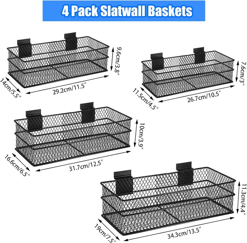 Kokone 4 Pack Metal Mesh Basket for Slatwall, Hanging Storage Bins for Slat Wall, Slatwall Basket Bins for Slatwall Panel, Slatwall Storage Accessories for Garage Workshop Craft Room Organizer, 4 Size - Image 2